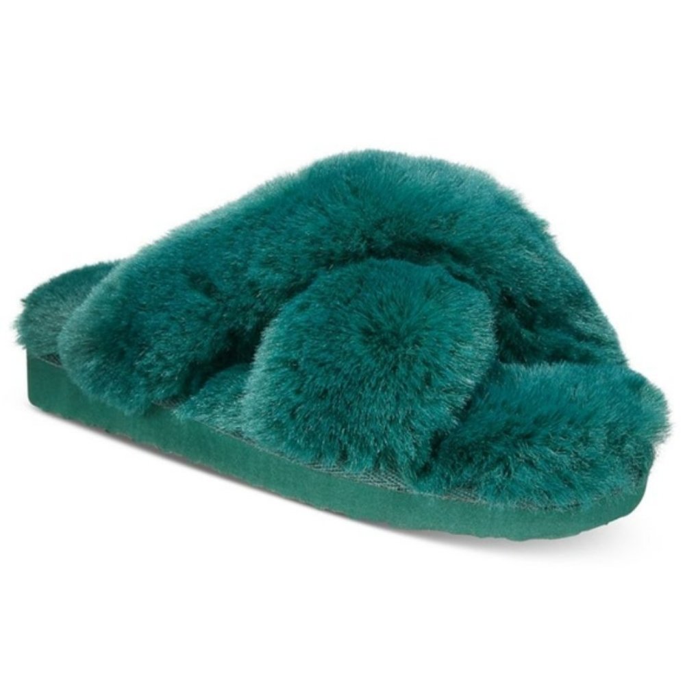 INC International Concepts Yayla Faux Fur Slide Slippers, Emerald 8 NEW IN BOX